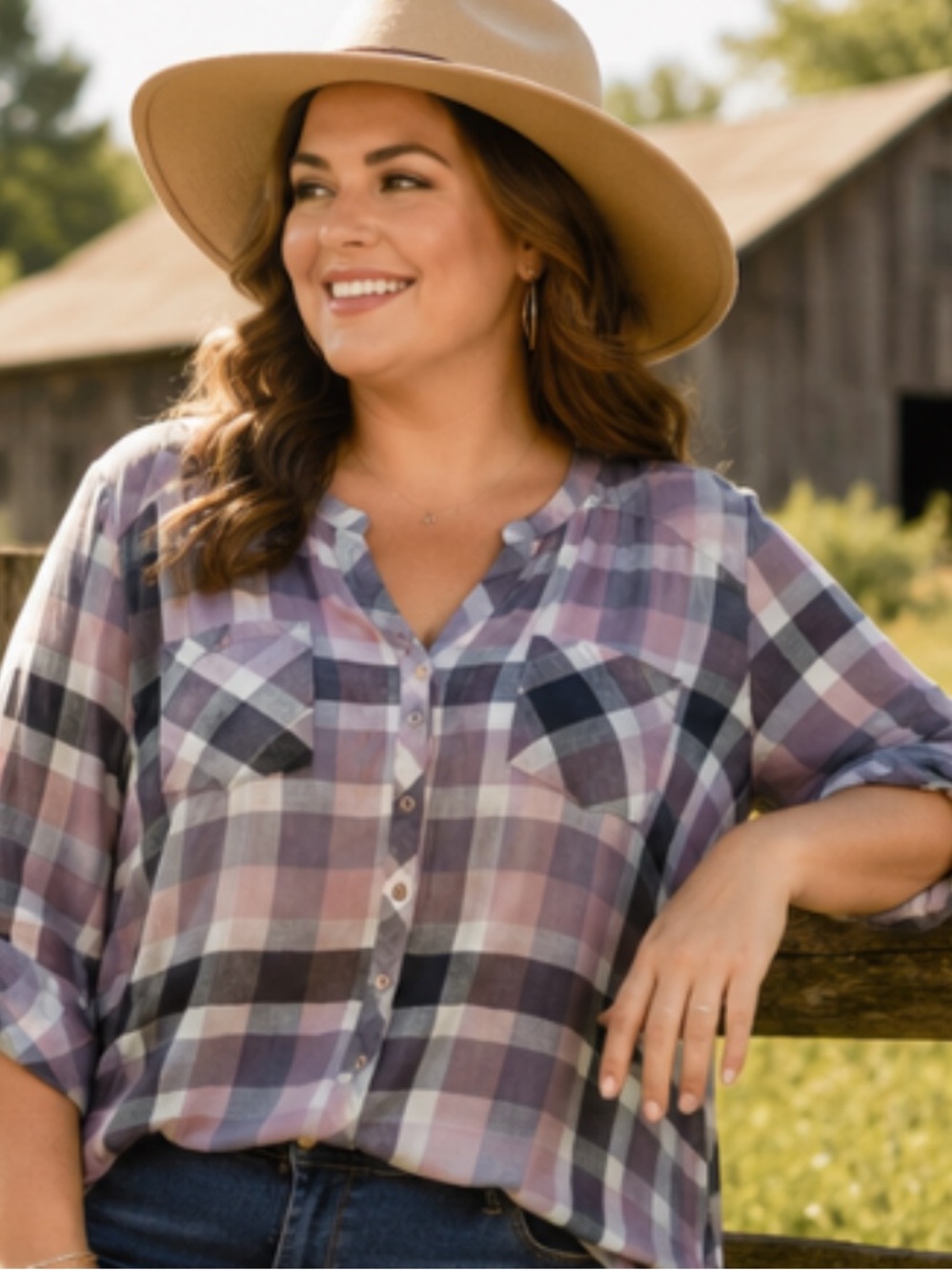 Torrid Windowpane Plaid Popover Shirt Women’s 4X 3/4  Roll Tab Sleeves Country